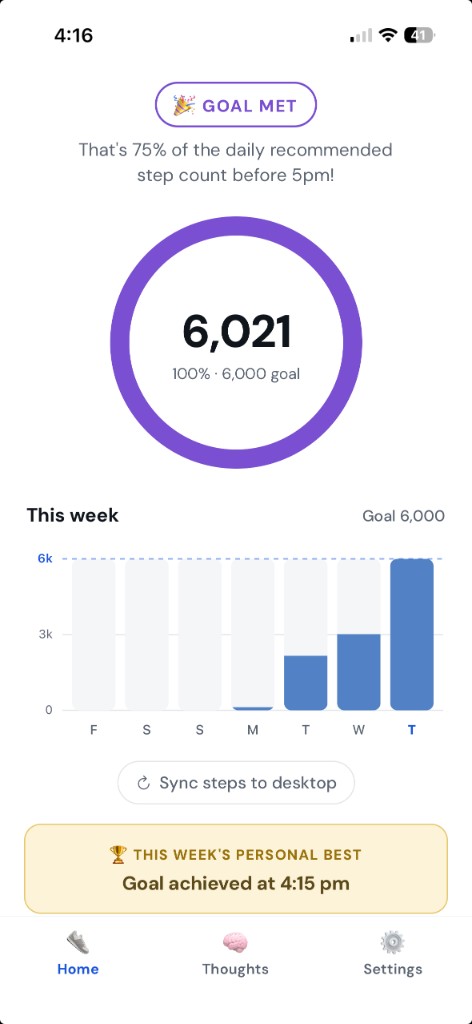 Sidewalk phone app: goal met at 6,021 steps